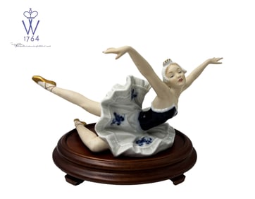 20th C. German Wallendorf Hand Painted Ballerina Figurine on Wooden Pedestal