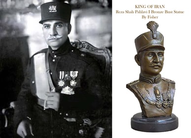 A Vintage Persian King Reza Shah Pahlavi Bronze Bust Statue, Signed