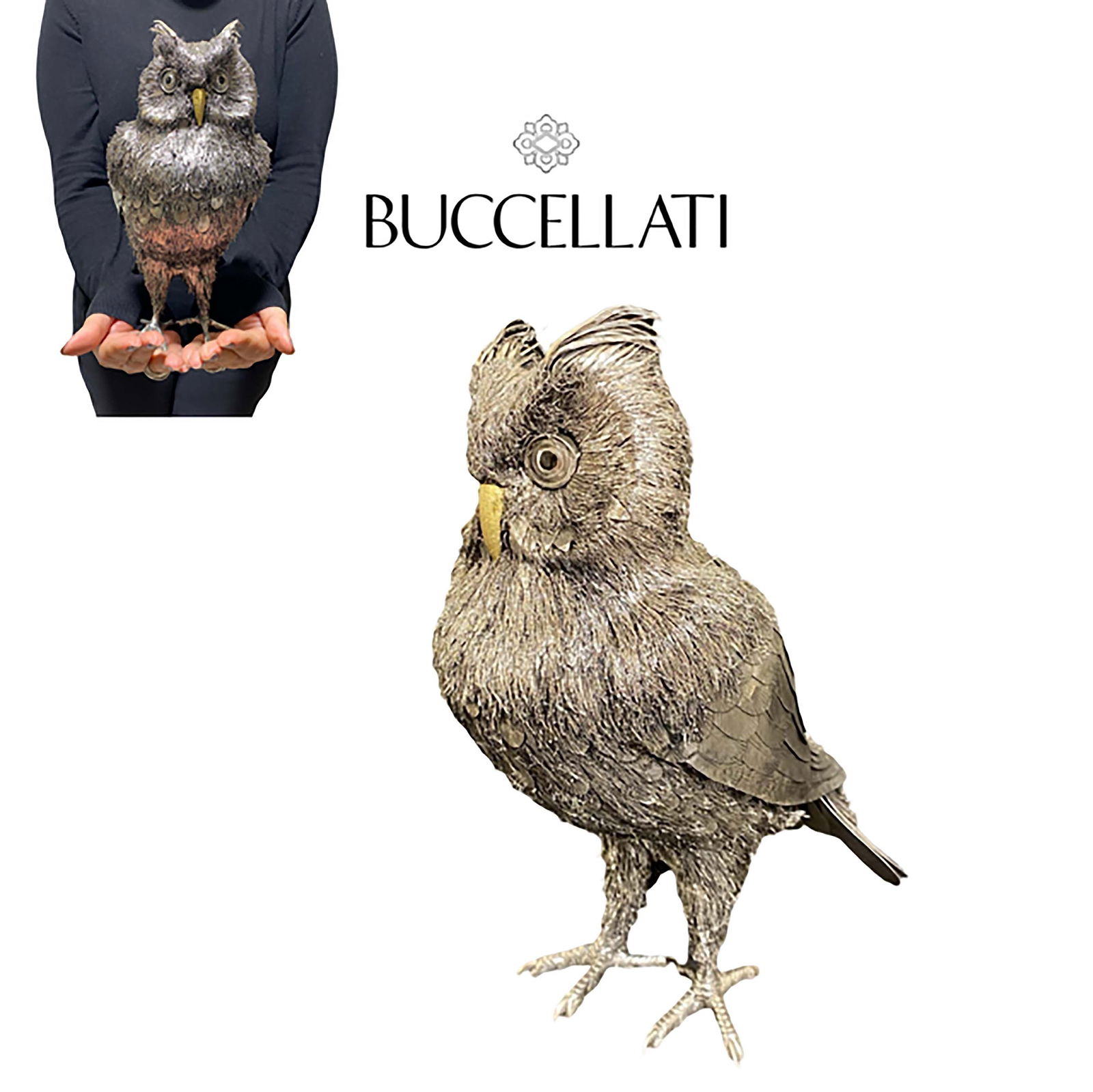 A Large Italian Buccellati Sterling Silver Owl Statue, Signed: A Large Italian Buccellati Sterling Silver Owl Statue, Signed. H 10.5" x L 8"