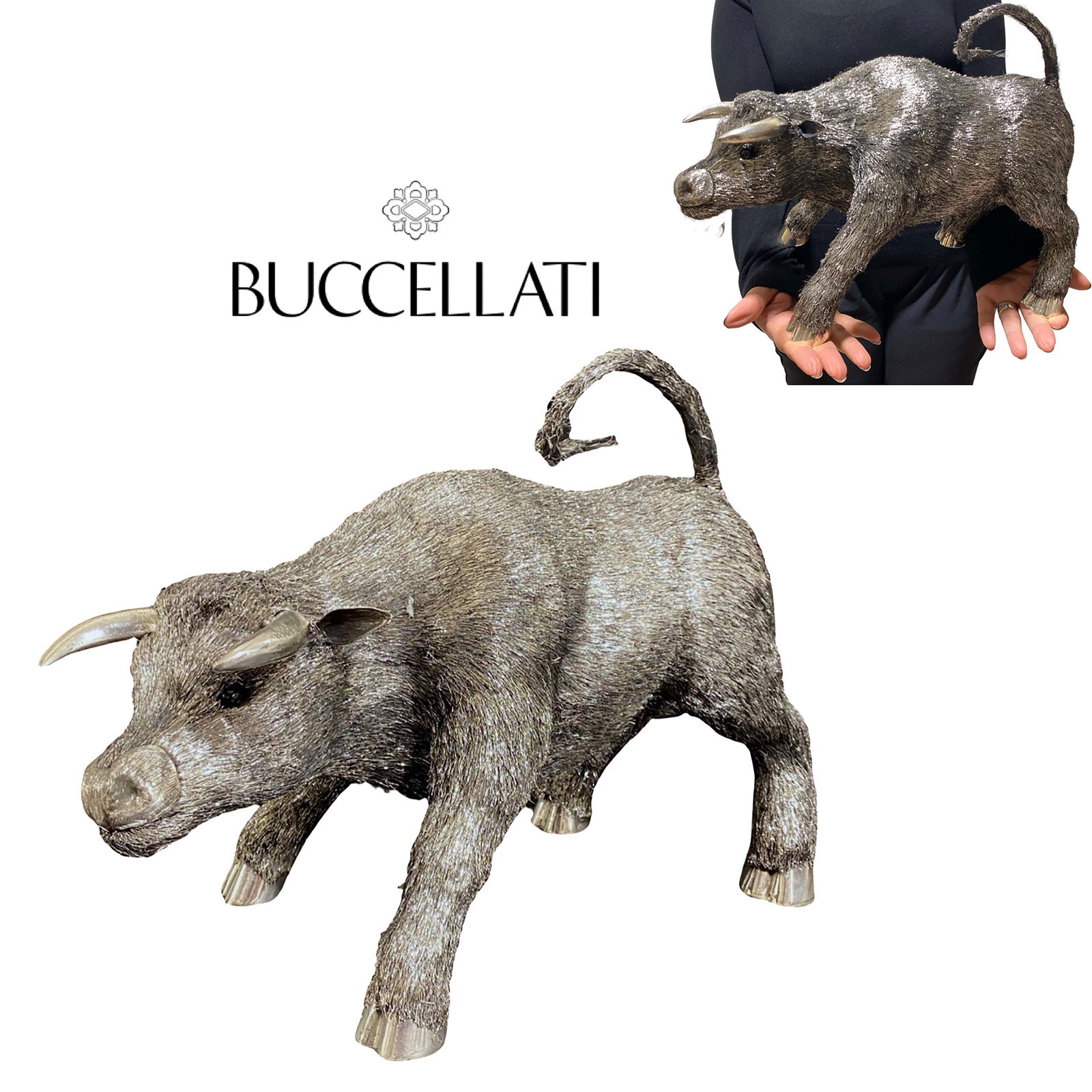 A Large Italian Buccellati Sterling Silver Bull Statue, Signed: A Large Italian Buccellati Sterling Silver Bull Sculpture, Signed. H 12" x L 14.5"