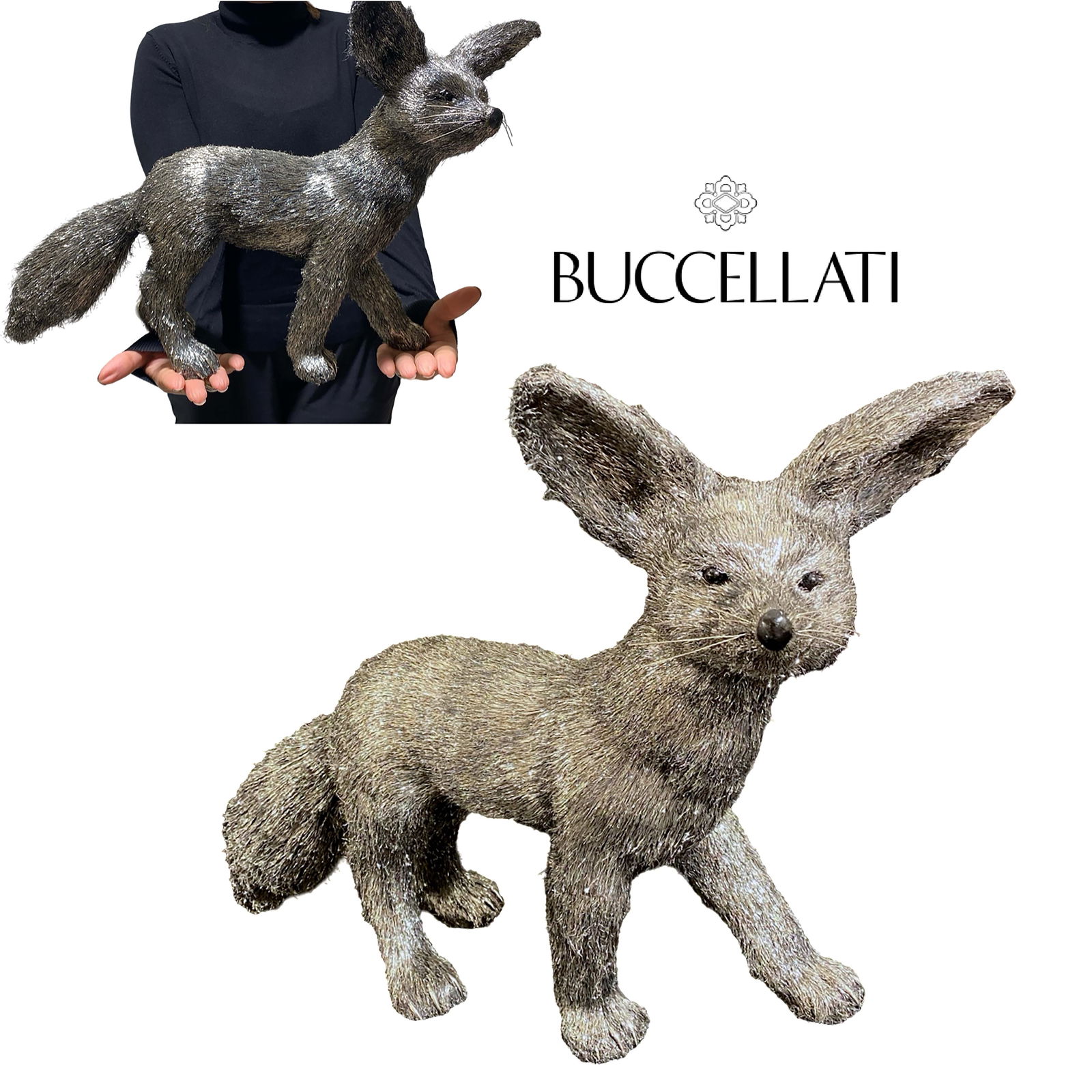 A Large Italian Buccellati Sterling Silver Fox Statue, Signed: A Large Italian Buccellati Sterling Silver Fox Sculpture, Signed. H 12.5" x L 20"