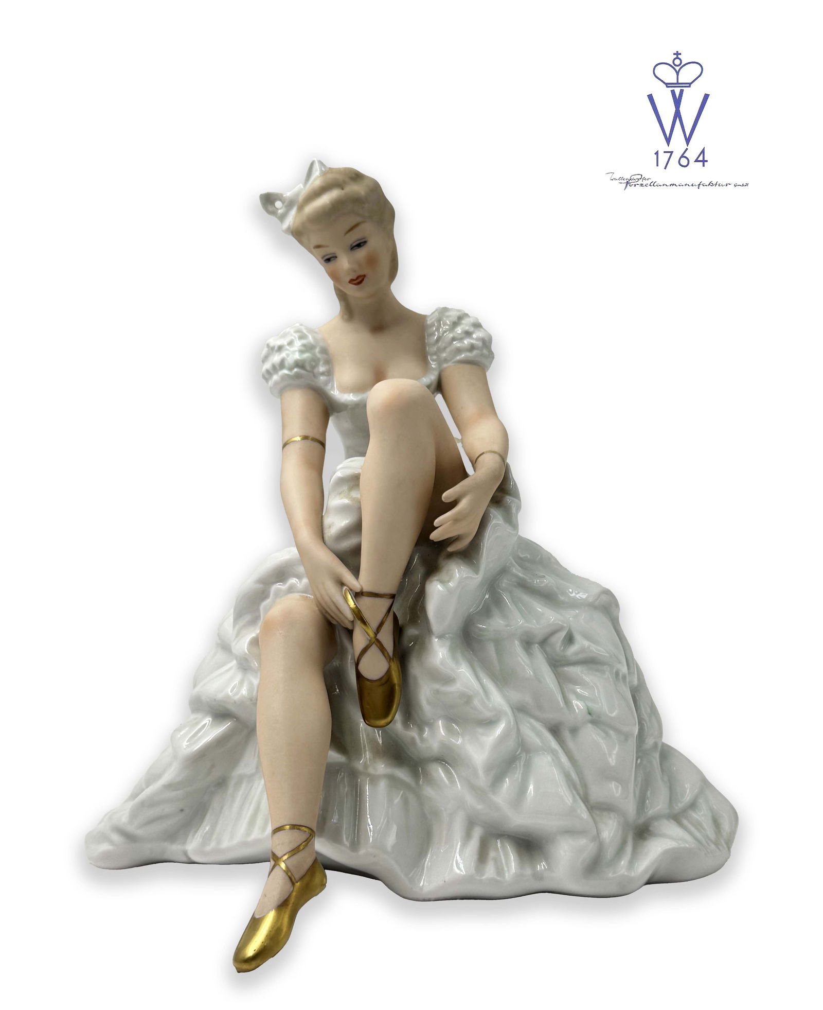20th C. German Wallendorf Hand Painted Sitting Ballerina Figurine, Signed: 20th C. German Wallendorf Hand Painted Porcelain Sitting ballerina Figurine, Hallmarked. Circa: 1960's. H 9.5" x 8" x 7"