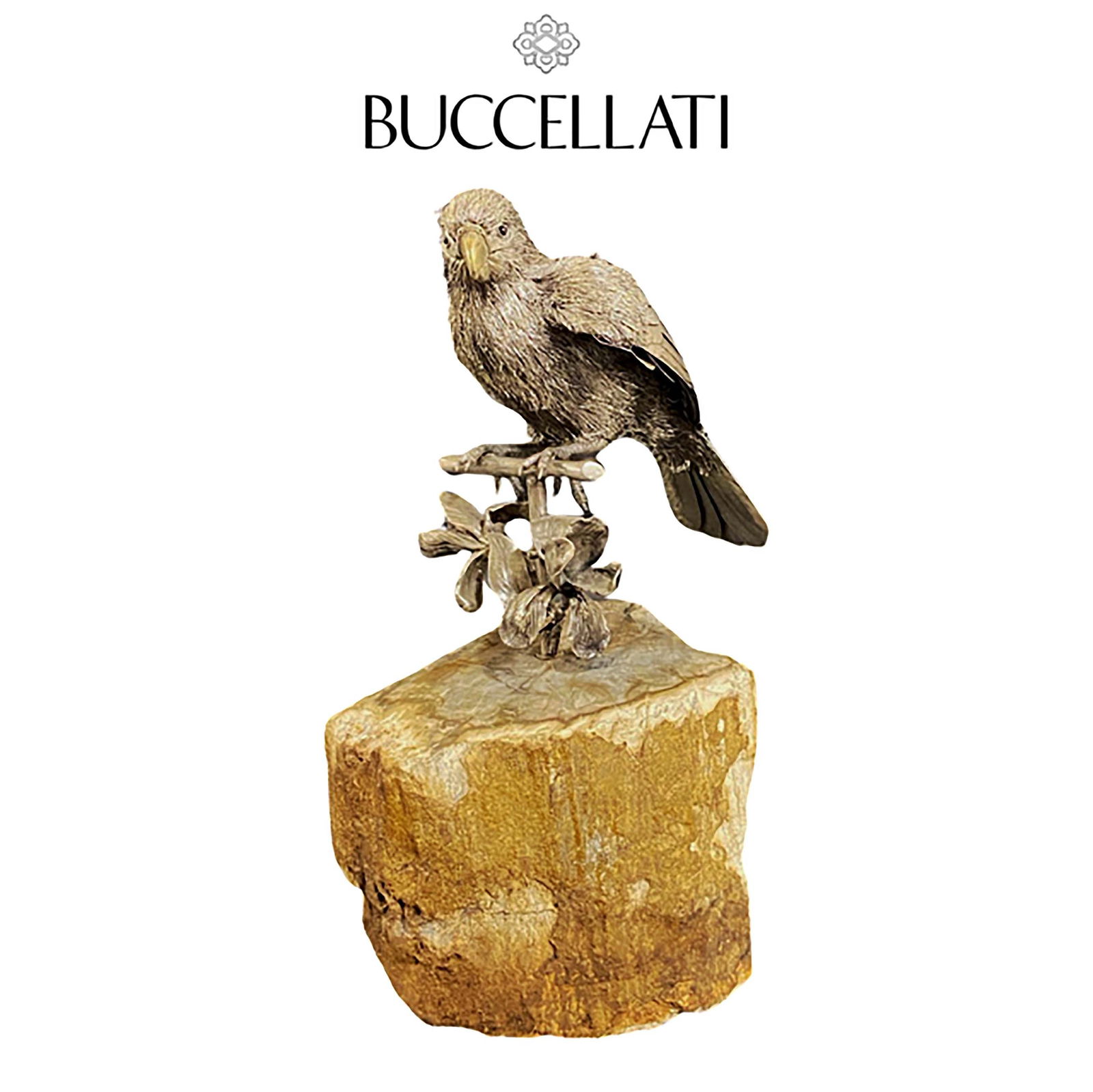 An Italian Buccellati Sterling Silver Parrot Statue on Stone, Signed: An Italian Buccellati Sterling Silver Parrot Sculpture on Stone, Signed. H 10.25" x L 7"