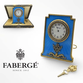 A Russian Imperial Faberge Jeweled Guilloche Enamel Silver Stand Clock, Signed