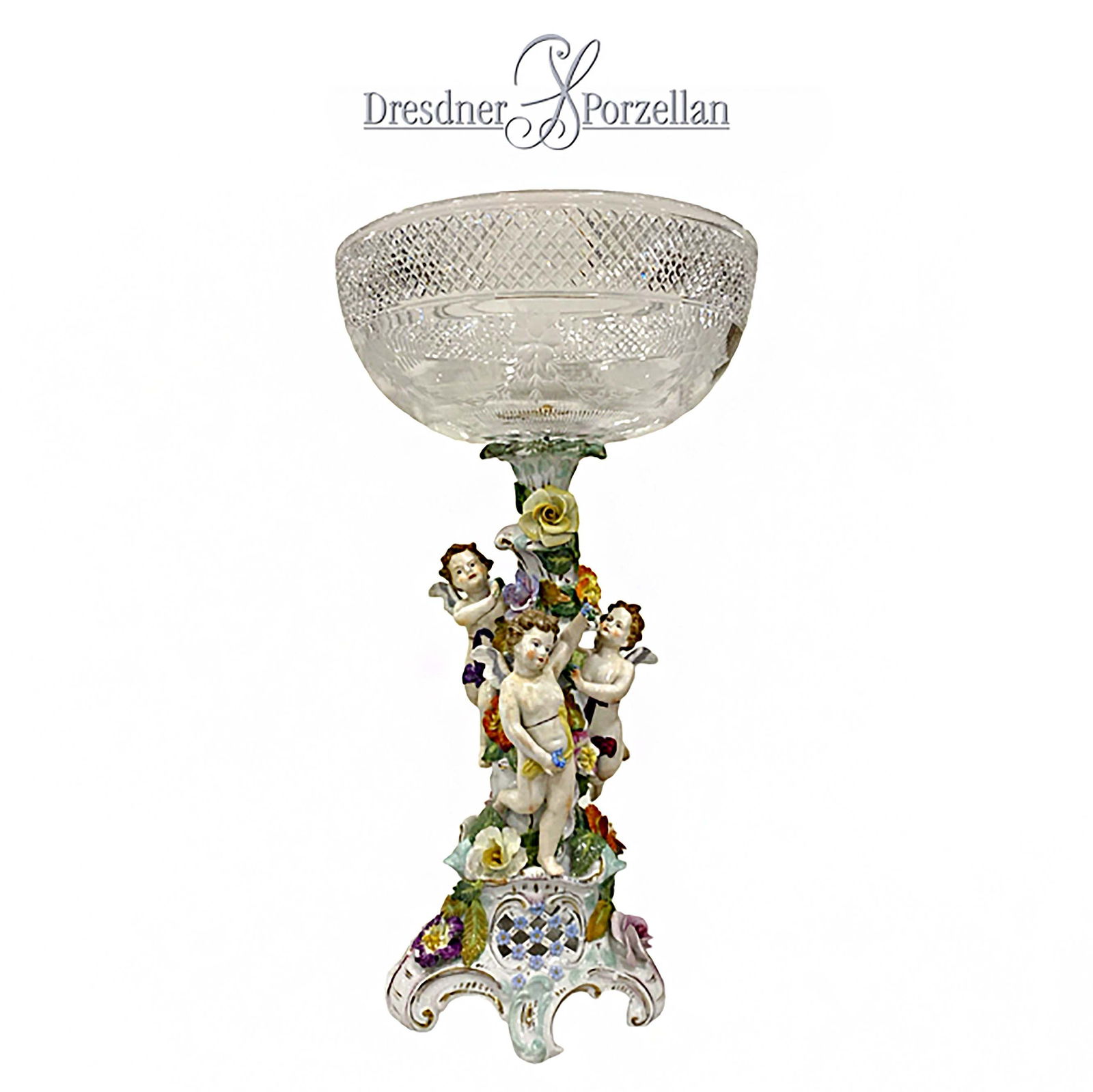 19th C. German Dresden Figurine Group Crystal Centerpiece: 19th C. German Dresden Hand Painted Porcelain Figurine Group Crystal Mounted Centerpiece. H 17" x W 9.25"
