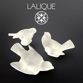 A Lot of 3 French Lalique Frosted Crystal Figural Paperweight Birds, Signed