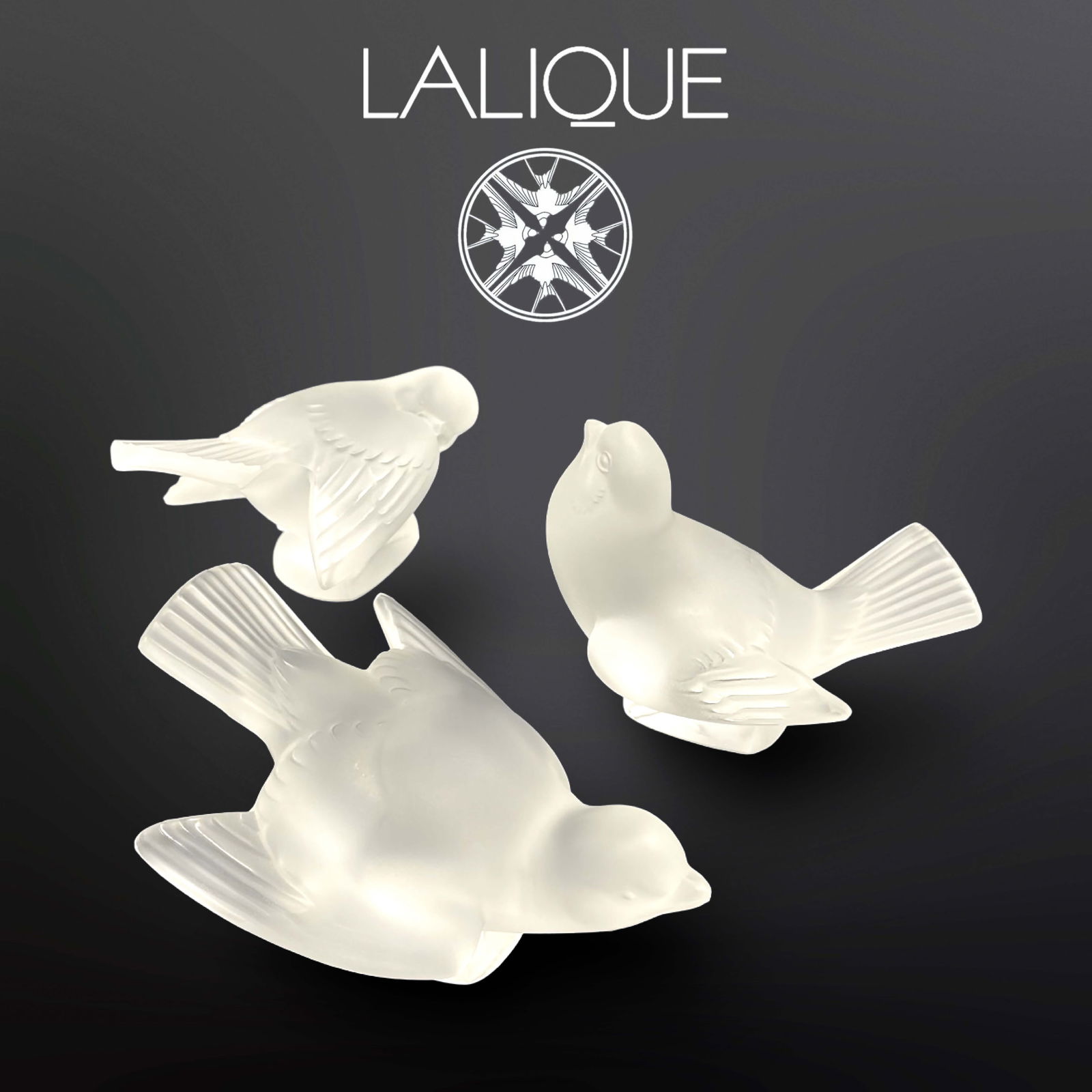 A Lot of 3 French Lalique Frosted Crystal Figural Paperweight Birds, Signed (1 of 3)