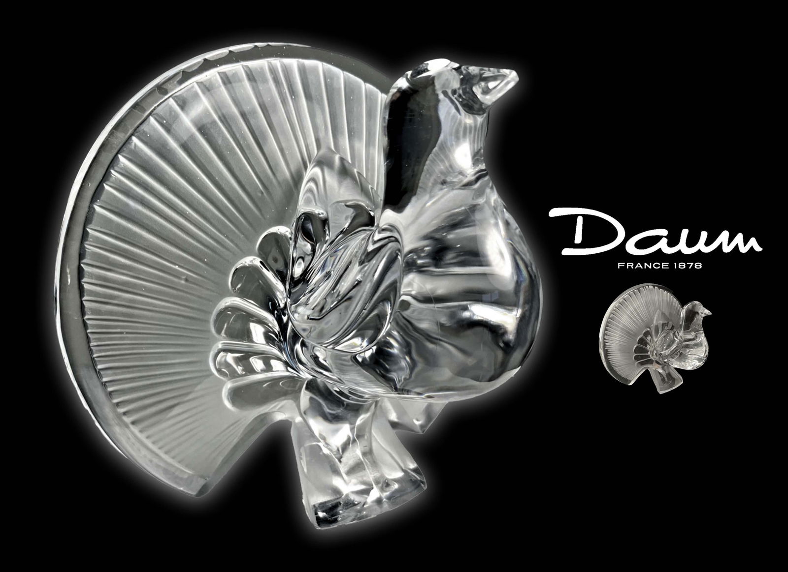 A Vintage French DAUM Heavy Clear Crystal Peacock Statue, Signed (1 of 5)