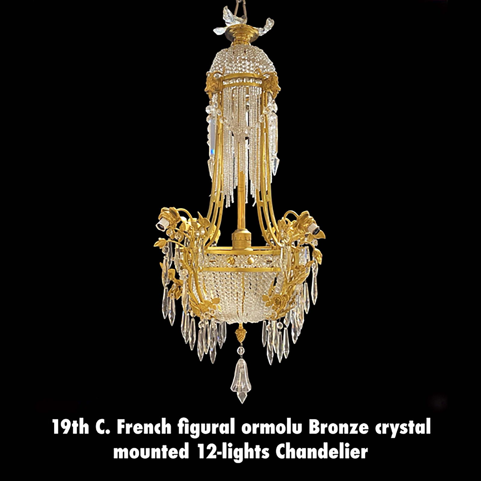 19th C. French Figural Bronze Crystal Mounted 12-lights Chandelier: 19th C. French Figural Ormolu Crystal Mounted 12-lights Chandelier. H 41" x L 21.5"