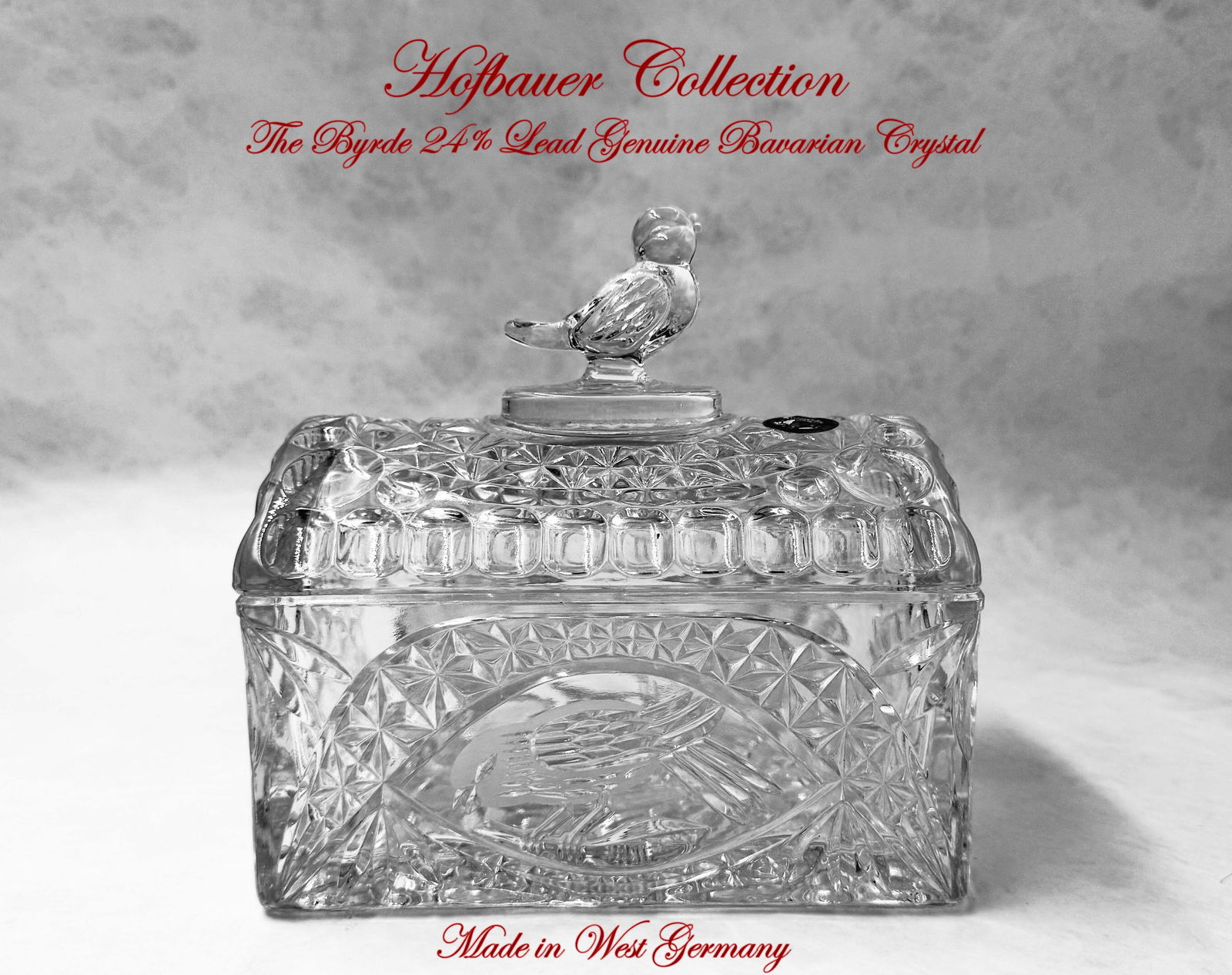 20th C. German Bavarian Hofbauer Byrde 24% Lead Heavy Crystal Trinket Box: 20th C. German Genuine Bavarian Hofbauer Collection Byrde 24% Lead Heavy Crystal Trinket Box #1396, Domed Lid With Bird On Top For Knob, Circa 1960's, Made in West Germany. The item is like New In Ori