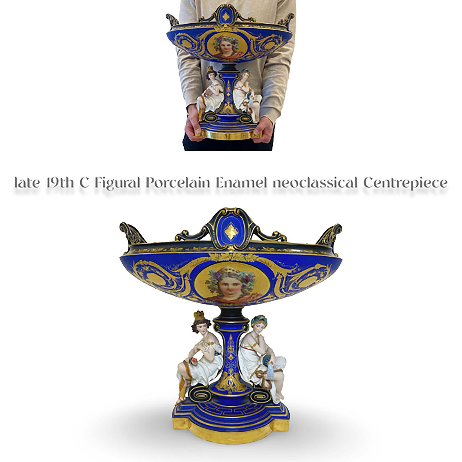 A Late 19th C. Neoclassical Enamel Hand Painted Porcelain Figurine Group Centerpiece: A Late 19th C. Neoclassical Enamel Hand Painted Porcelain Figurine Group Centerpiece. H 16.75" x L 18" x W 13.5"