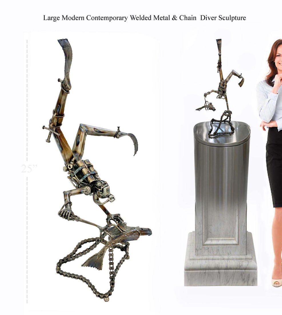 A Large Contemporary Moden Art Welded Metal & Chain Diver Sculpture: A Large Contemporary Moden Art Welded Metal & Chain Diver Statue. H 25". Note: the pedestal is NOT included!