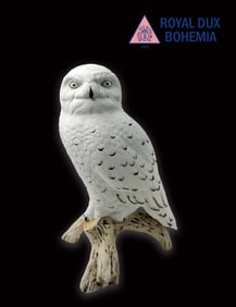 A Large Bohemian Royal Dux Hand Painted Porcelain Snowy Owl Sculpture, Signed