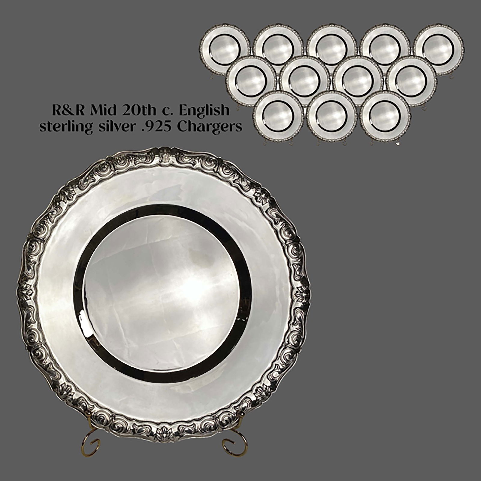 A Set of 12 Mid-20th C. English R&R Sterling Silver Chargers/Plates (1 of 4)