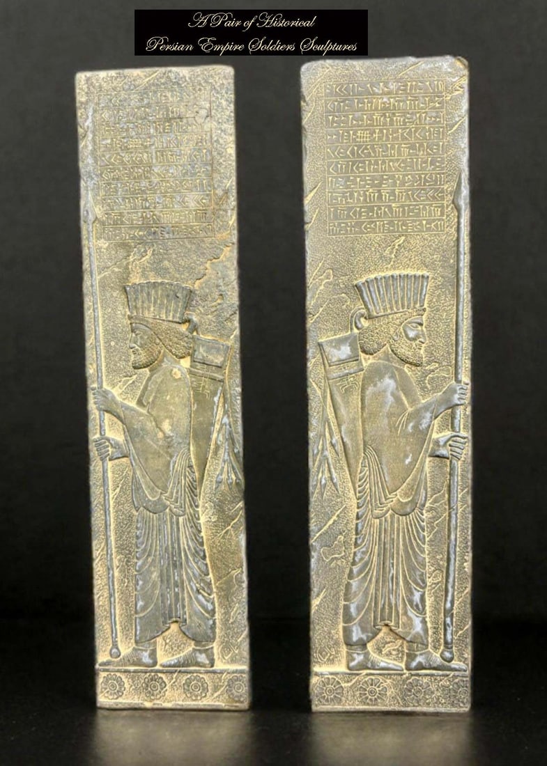 A Pair of Decorative Sculpted Inscription of Persian Empire Achaemenid Soldiers: A Pair of Decorative Sculpted Inscription of Persian Empire Achaemenid Soldiers (Javidan Guard) W/ Inscribed in cuneiform script. H 17" x W 4"