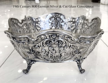 19th C. German Silver 800 & Cut-Glass Centerpiece