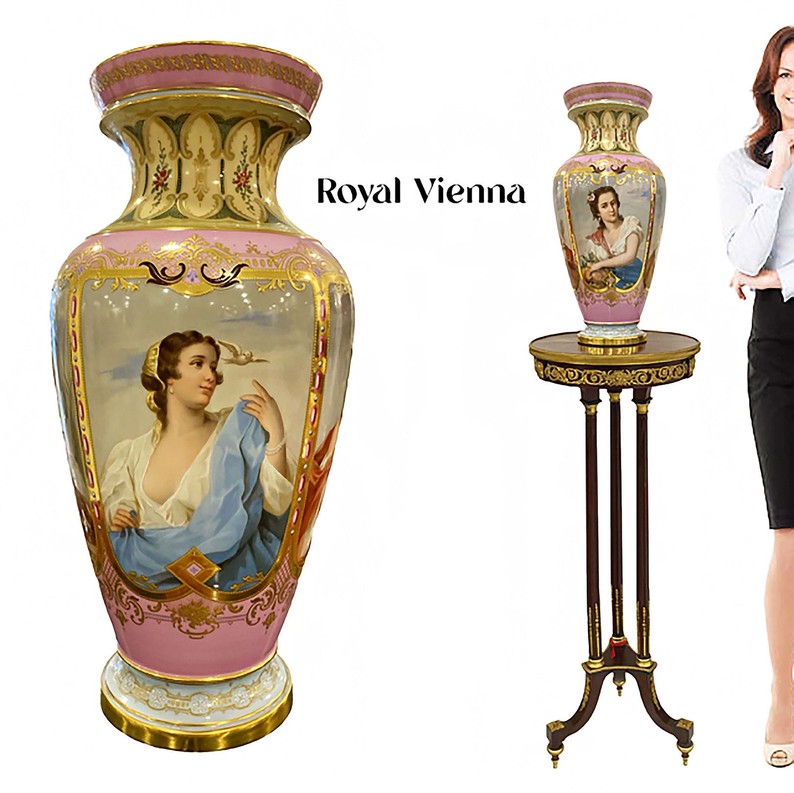 A Large 19th C. Royal Vienna Hand Painted Porcelain Vase, Signed: A Large 19th Century Austrian Royal Vienna Hand Painted Porcelain Vase with 4 Portraits signed by "H. Stadler", Hallmarked. Note: The pedestal is NOT included! H 20" x L 10"