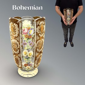 A Large 19th Century Bohemian Enameled Amber Crystal Vase
