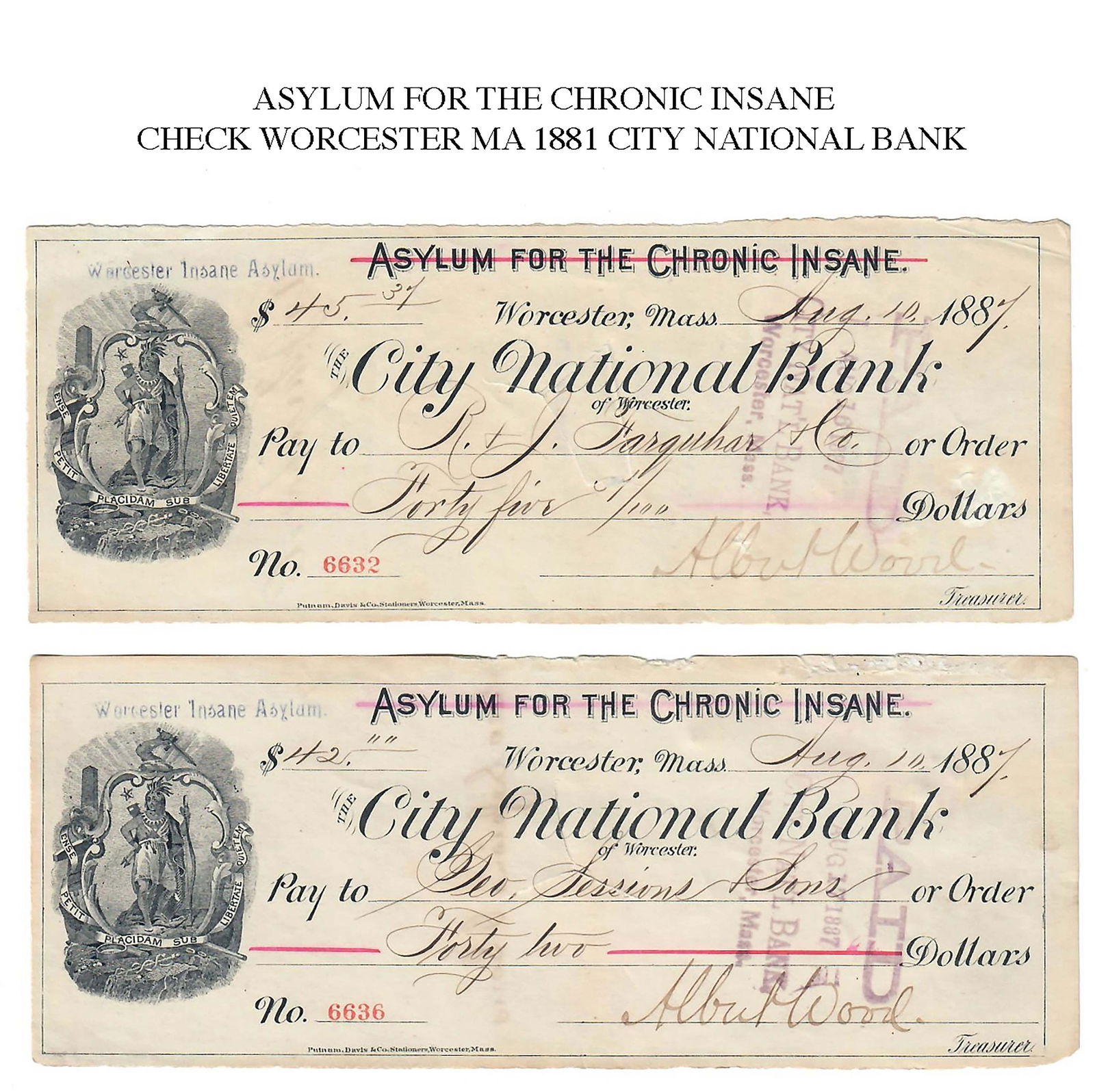 A SET OF TWO 19TH C. CITY NATIONAL BANK ASYLUMS CHECKS (1 of 5)