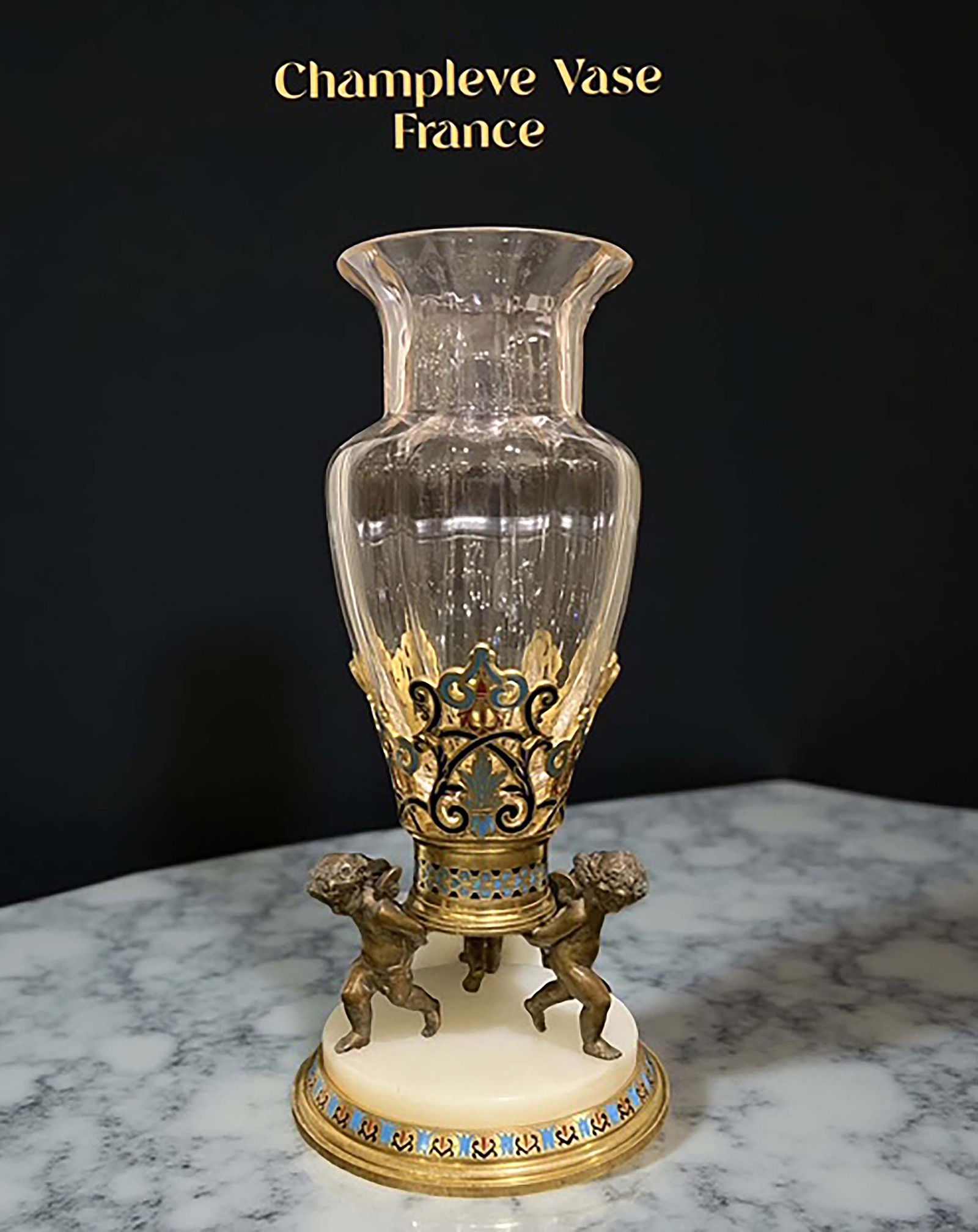 19th C. French Champleve Enamel Figural Bronze & Crystal Vase: 19th Century French Champleve Enamel Figural Bronze & Crystal Vase. H 13.5" x L 6.25"