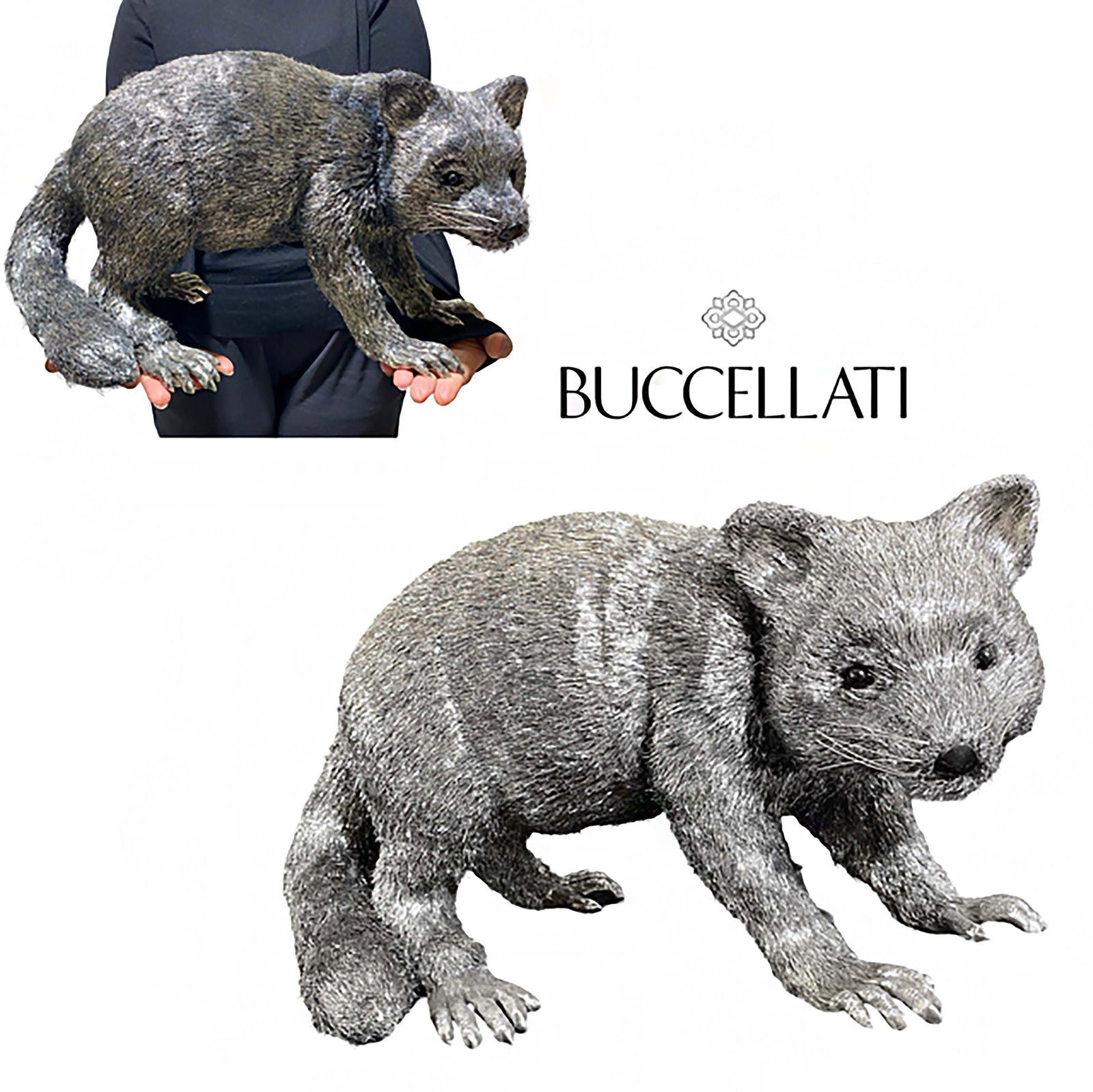 A Large Italian Buccellati Sterling Silver Raccoon Sculpture, Hallmarked: A Large Italian Buccellati Sterling Silver Raccoon Statue, Signed. H 10.5" x L 17.25"