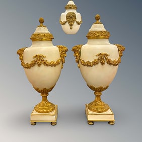 A Pair of 19th C. Figural Bronze Marble Mounted Urns