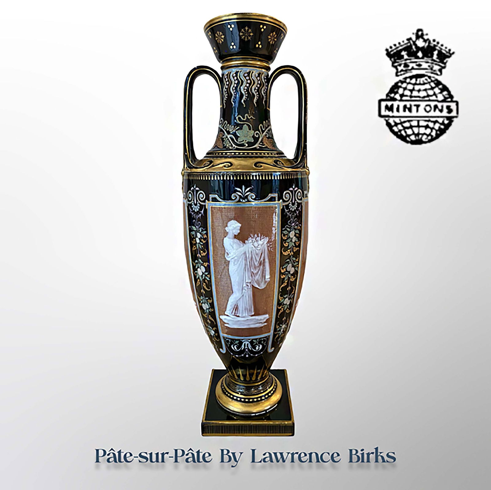19th C. English Mintons Pate-sur-Pate Porcelain Vase, signed & Hallmarked: 19th C. English Mintons Pate-sur-Pate Porcelain Vase signed by Lawrence Birks. H 17.75" x W 5.5"