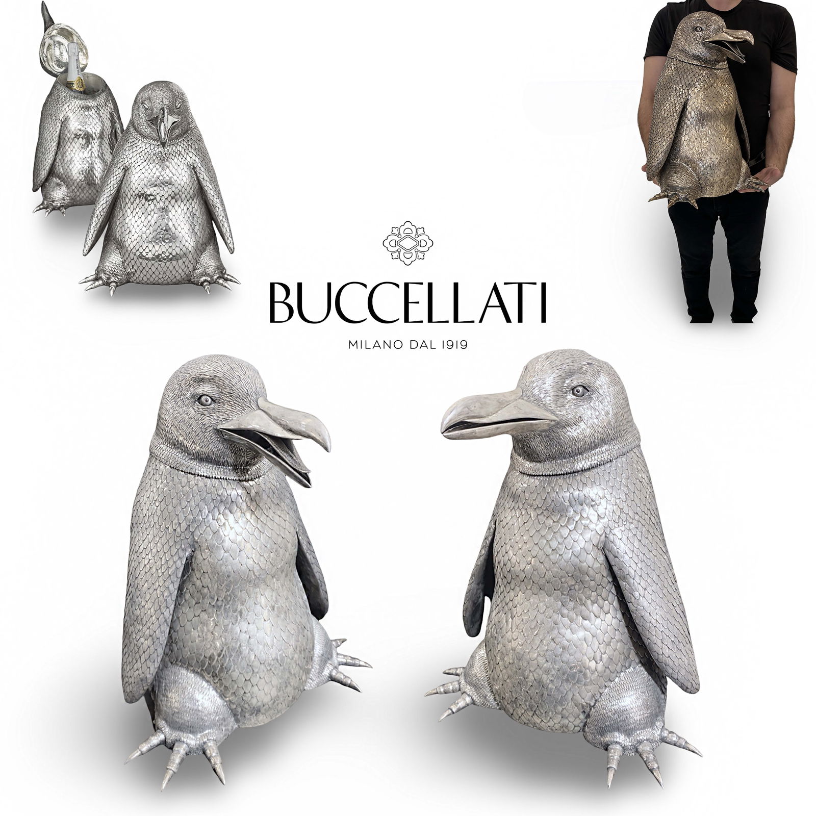 A Pair of Large Buccellati Sterling Silver Penguin Figural Wine Cooler, Hallmarked: A Pair of Large Italian Buccellati Sterling Silver Penguin Figural Wine Cooler, Signed. H 17.25" x L 12.5"; H 17.25" x L 12.5"