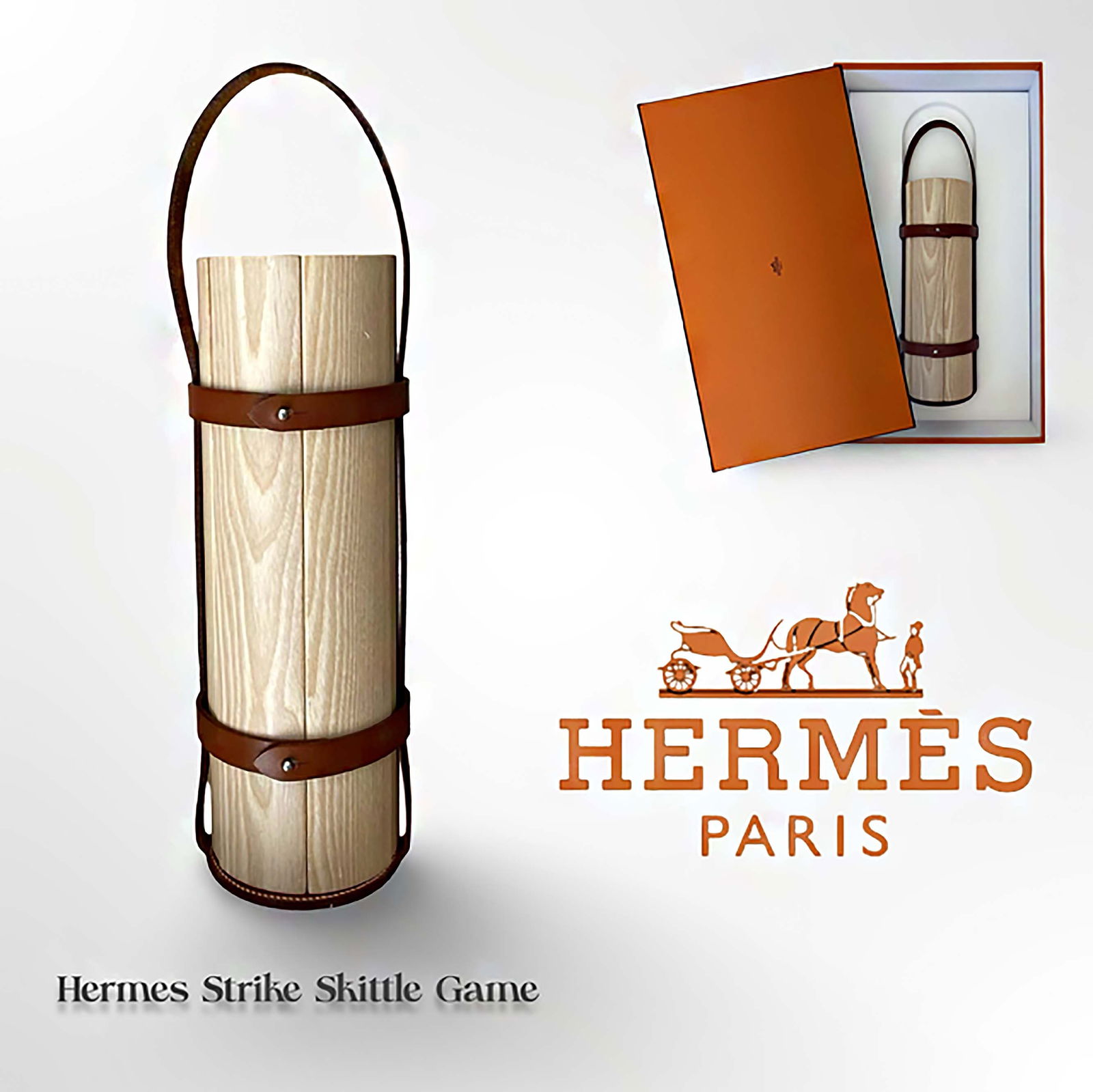 A Hermes Ash Wood & Brique Bridle Leather Strike Skittle Game, Boxed: A French Hermes Ash Wood & Brique Bridle Leather Strike Skittle Game, Boxed. H 14.25" x L 4.75"