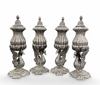 A Set of 4 German Silver Figural Salt/Pepper Shaker Swans, Signed