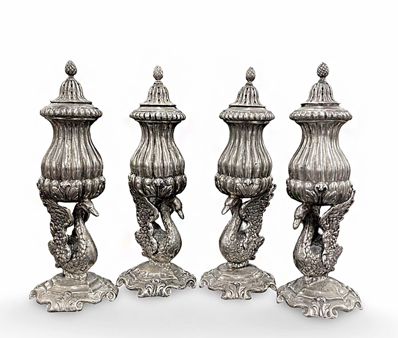A Set of 4 German Silver Figural Salt/Pepper Shaker Swans, Signed (1 of 6)