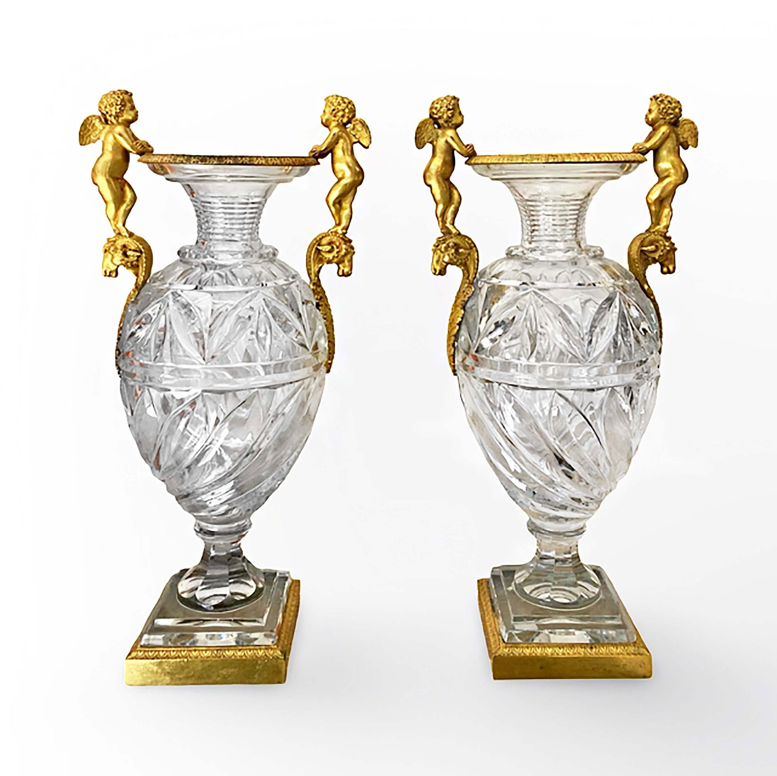 A Pair of 19th C. Russian Imperial Crystal Figural Bronze Vases: A Pair of 19th C. Russian Imperial Crystal Figural Bronze Vases. H 13" x L 7"