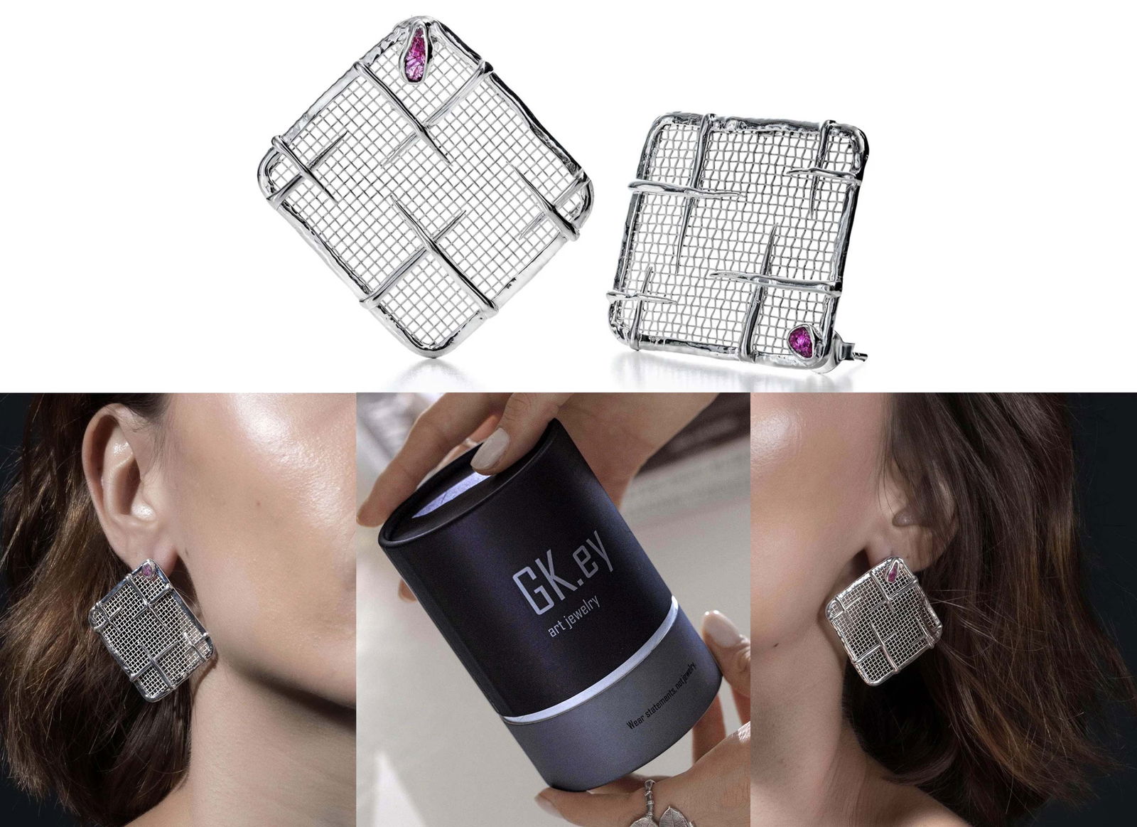 GK.ey Art Jewelry Takhi Silver & Titanium Mesh & Natural Ruby Earrings: GK.ey Art Jewelry Takhi Lightweight 925 Silver & Titanium Mesh Earrings with Natural Ruby with box.