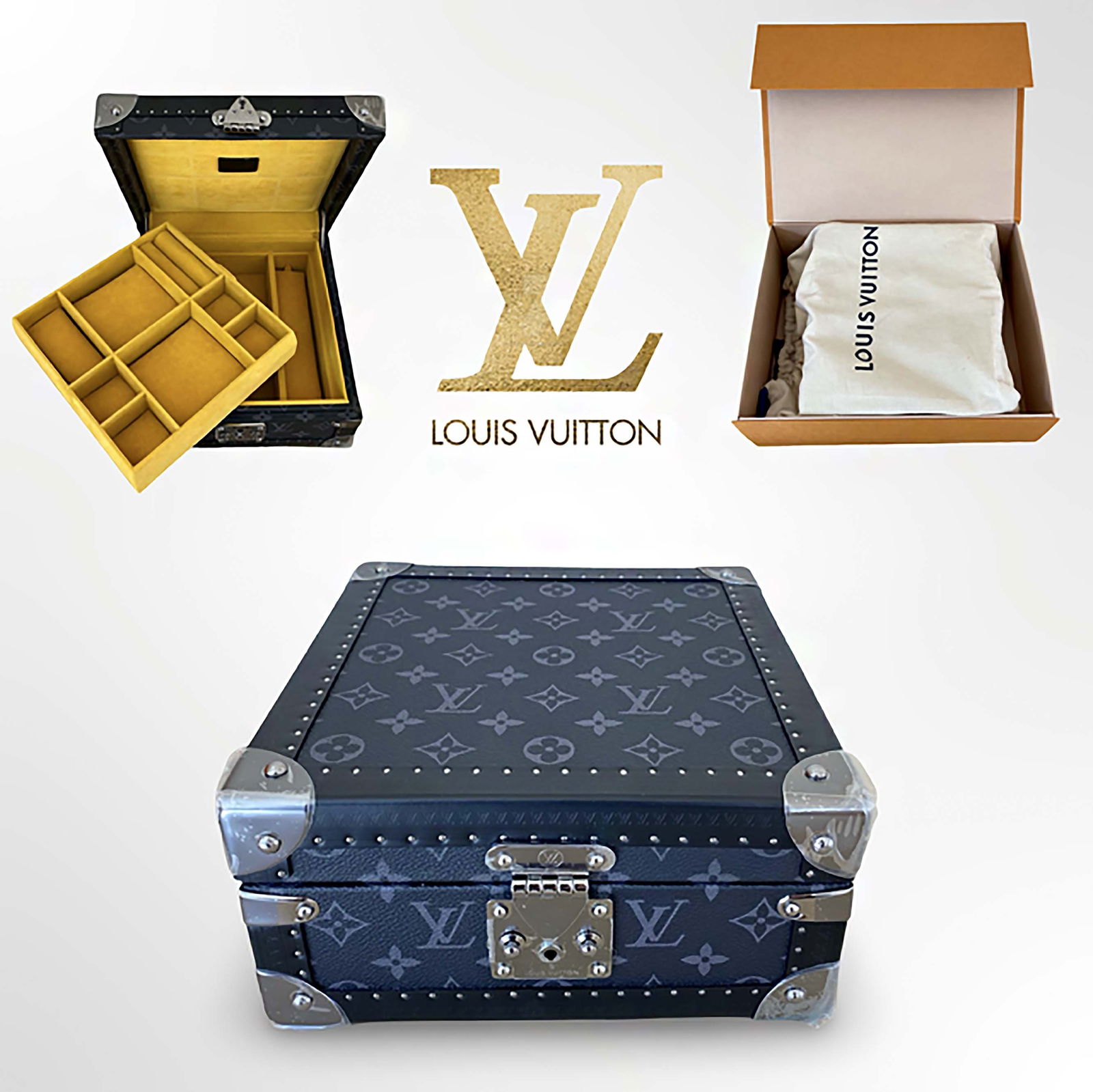 A French Louis Vuitton Monogram Coffret Joaillerie (Jewelry Box): A French Louis Vuitton Monogram Coffret Joaillerie (Jewelry Box) in original box. H 4.75" x L 9.25" x W 9.25"