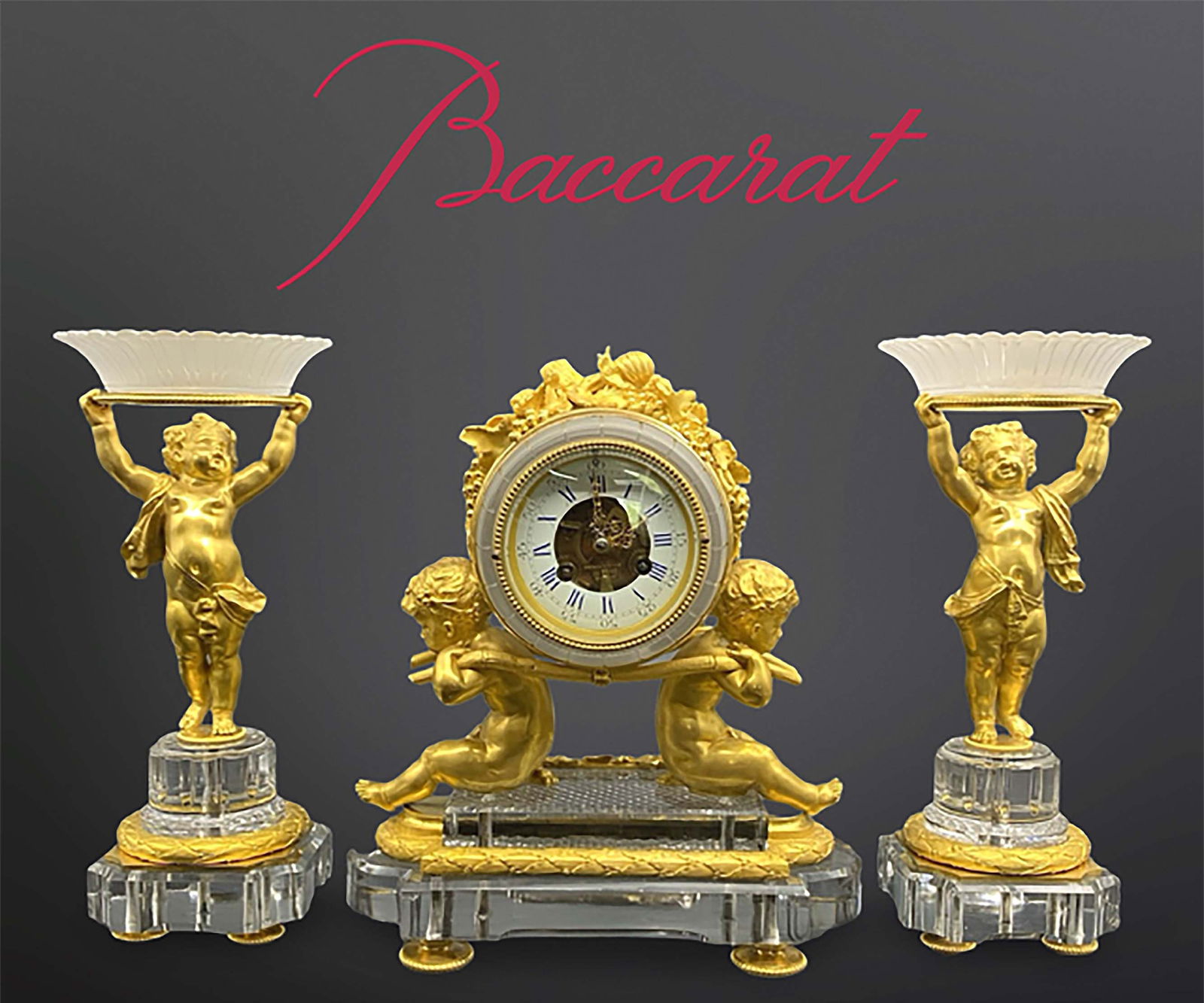 19th C. French Baccarat Crystal Bronze Figural Clock Set (1 of 12)