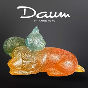 A French Daum Pate De Verre Art Glass Cat & Dog Figurine Group, Signed