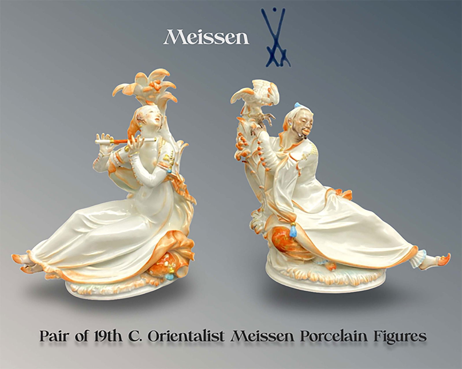 A Pair of 19th C. Meissen Orientalist Hand Painted Porcelain Figures, Signed (1 of 10)