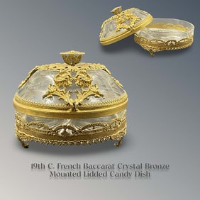 19th C. French Baccarat Crystal & Bronze Lidded Candy Dish