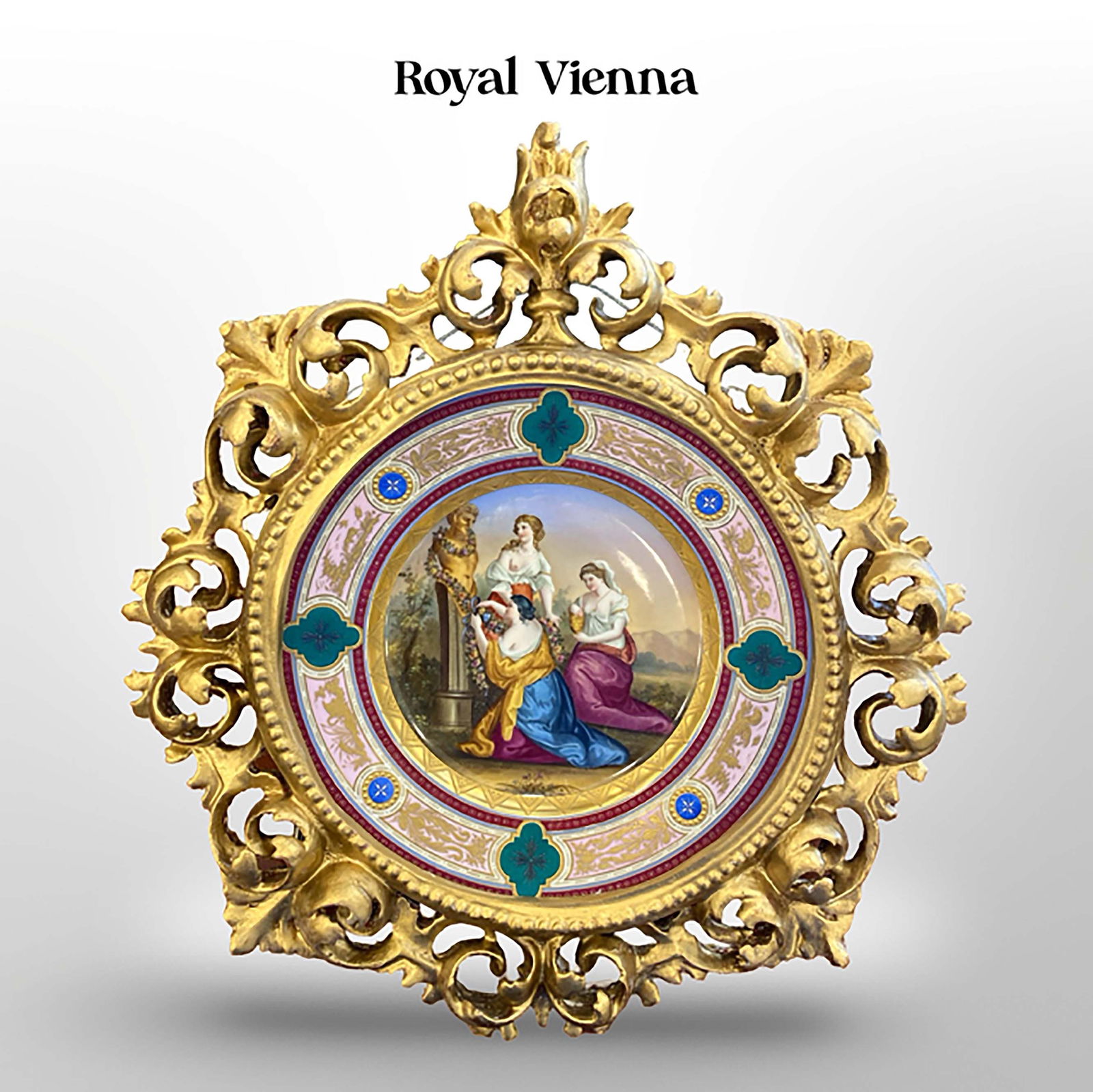 19th C. Rococo Framed Royal Vienna Hand Painted Plate: 19th C. Austrian Royal Vienna Hand Painted Porcelain Decorative Wall Plate W/ Rococo Style Frame, Hallmarked. Diameter: 17.5"