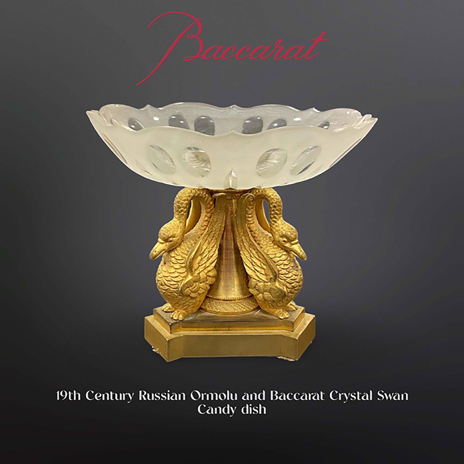 19th C. Russian Bronze & Baccarat Crystal Swan Figural Candy Dish: 19th Century Russian Ormolu and French Baccarat Crystal Swan Figural Candy Dish. H 5" x L 6"