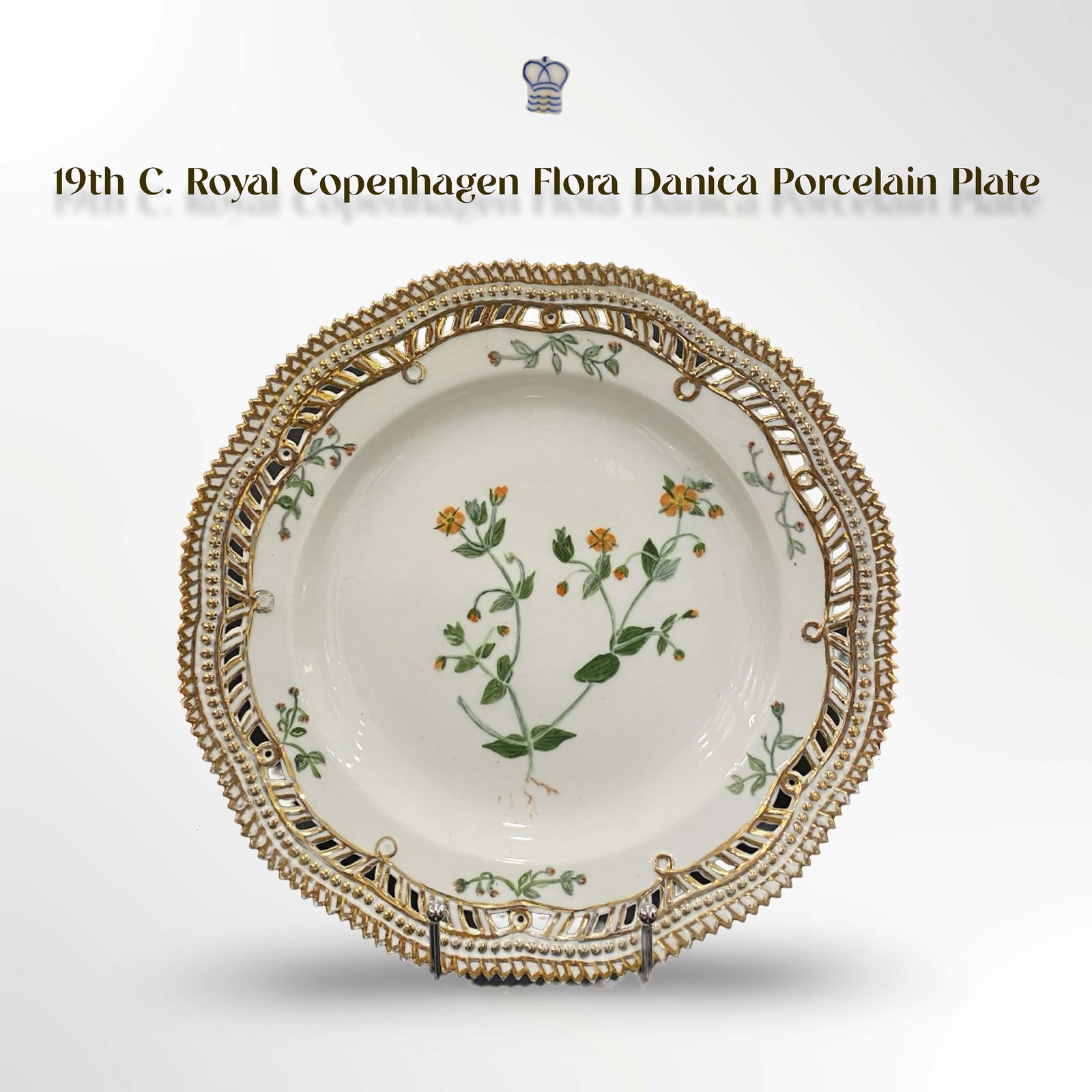 19th C. Royal Copenhagen Flora Danica Decorative Wall Plate, Signed: 19th C. Danish Royal Copenhagen Flora Danica Hand Painted Porcelain Decorative Wall Plate, Signed & Hallmarked. D 10"