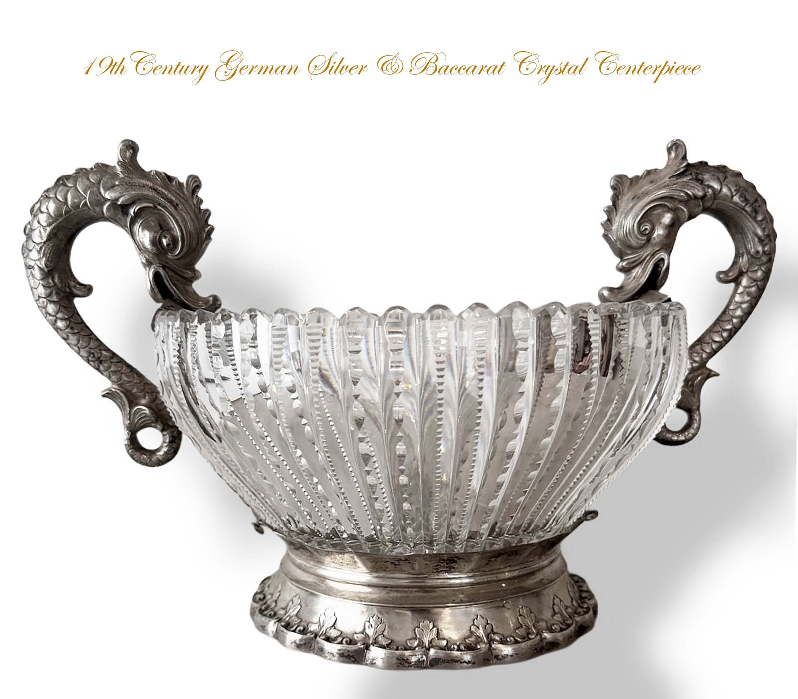 19th C. French Baccarat Crystal & German Figural Silver Centerpiece: 19th Century French Baccarat Crystal on A German Figural Silver Centerpiece. H 5.5" x W 11"