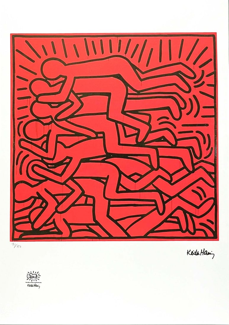 A Large After KEITH HARING Untitled Lithography Print, Numbered & Stamped: A KEITH HARING Untitled Limited Edition Lithography Print. Signed in the plate print and numbered by hand pencil. Limited Edition of 150 pieces. Each piece is individually numbered (#60/150). Overall