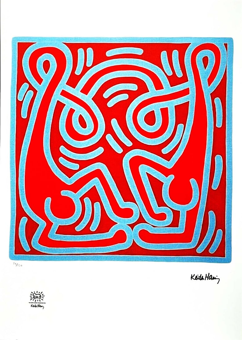 A Large After KEITH HARING Untitled Lithography Print, Numbered & Stamped: A KEITH HARING Untitled Limited Edition Lithography Print. Signed in the plate print and numbered by hand pencil. Limited Edition of 150 pieces. Each piece is individually numbered (#71/150). Overall