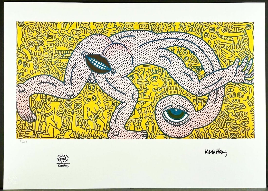 A Large After KEITH HARING Untitled Lithography Print, Numbered & Stamped: A KEITH HARING Untitled Limited Edition Lithography Print. Signed in the plate print and numbered by hand pencil. Limited Edition of 150 pieces. Each piece is individually numbered (#23/150). Overall