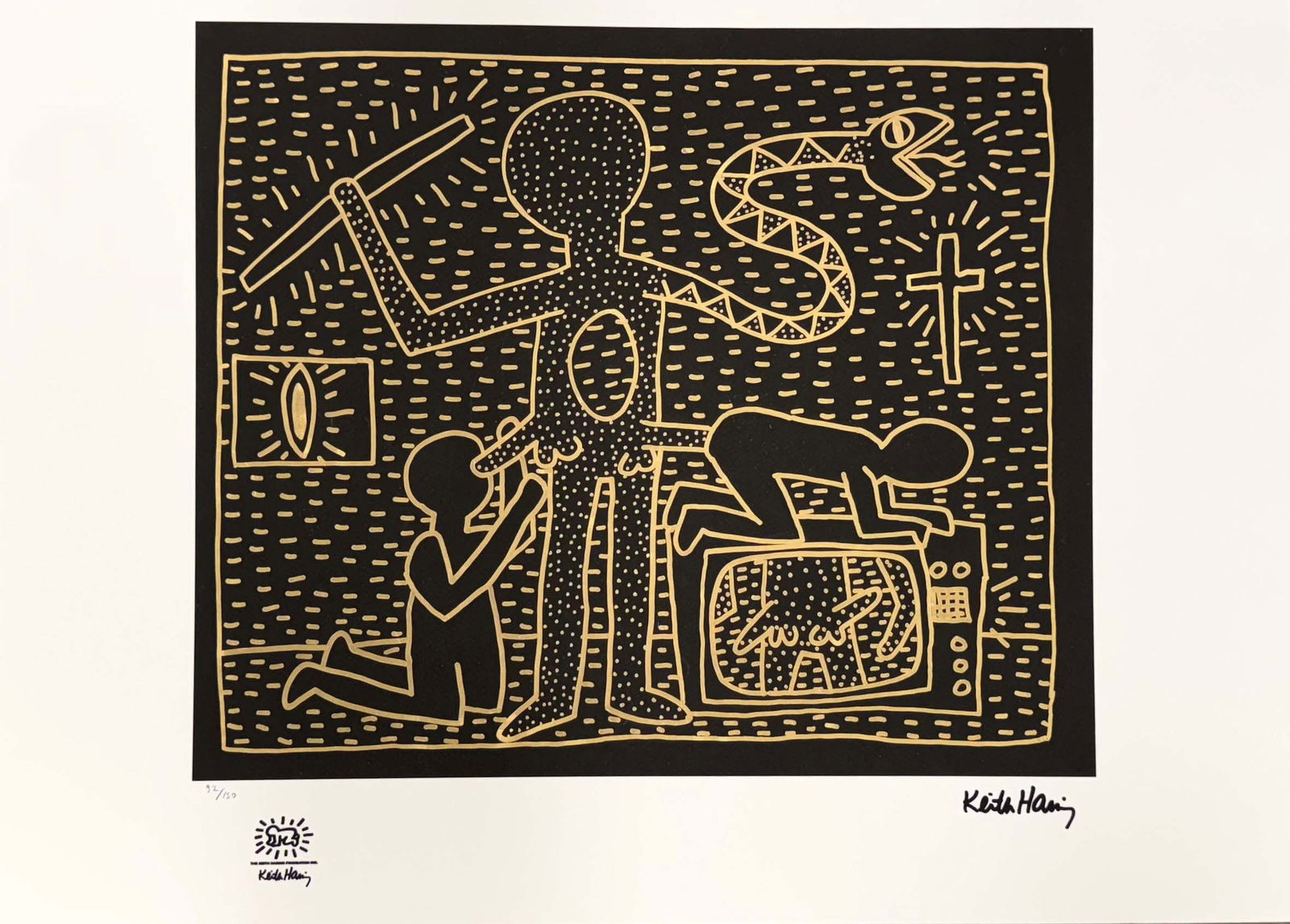 A Large After KEITH HARING Untitled Lithography Print, Numbered & Stamped: A KEITH HARING Untitled Limited Edition Lithography Print. Signed in the plate print and numbered by hand pencil. Limited Edition of 150 pieces. Each piece is individually numbered (#92/150). Overall