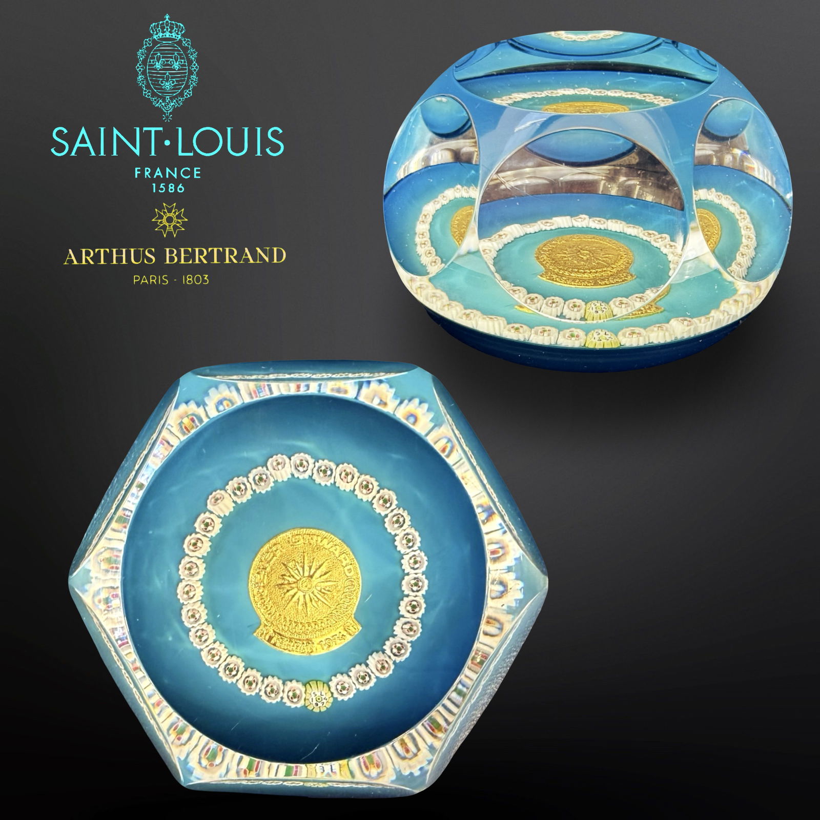 A Persian Pahlavi Era 1974 Tehran Asian Games Commemorative Crystal Paperweight, Ltd Edition: IRAN Pahlavi Kingdom Rare Limited Edition Crystal Paperweight of the 7th Asian Games in Tehran 1974 with Gold Emblem Created by Arthus Bertrand & Saint Louis. H 2.25" x D 3". Description: A Rare Limit