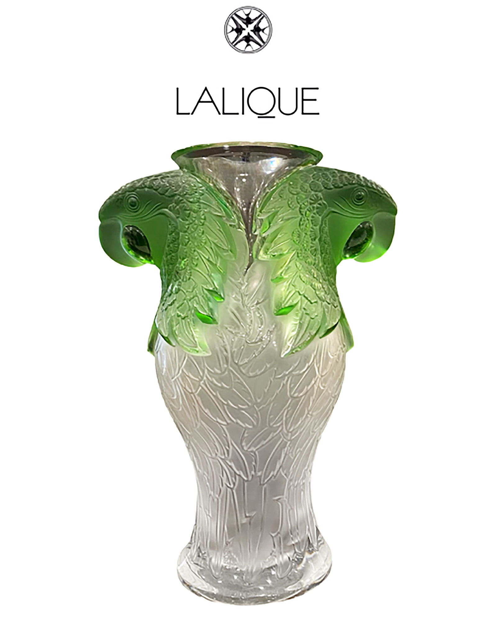 A Contemporary Limited Edition LALIQUE Figural Macaw Parrot Crystal Glass Vase, Signed: A Contemporary French Lalique Figural Macaw Parrot Crystal Glass Vase, Signed, Limited Edition numbered: 37/99. H 13" x W 9.5" x D 6"