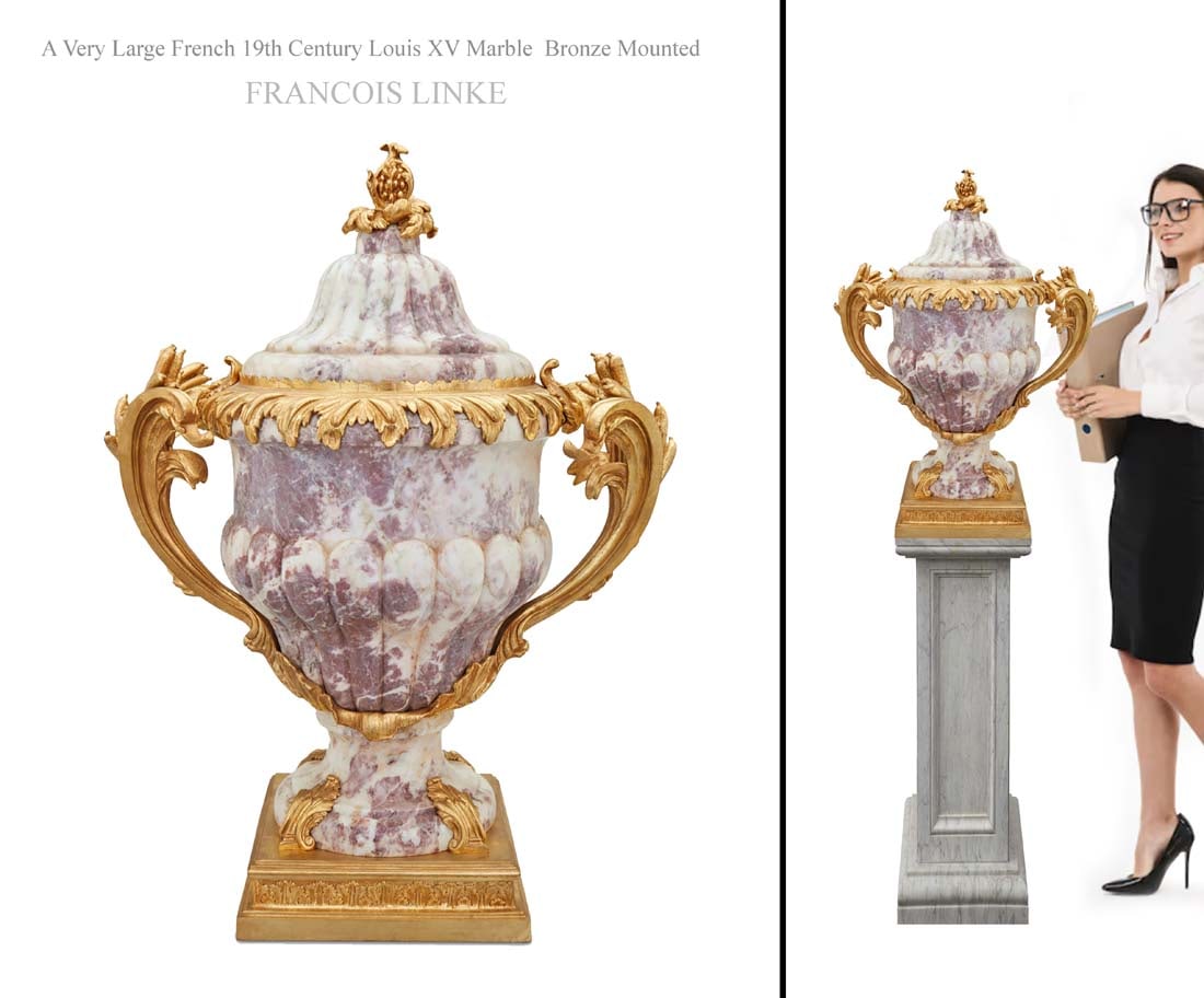 A Very Large 19th C. Louis XV Francois Linke Signed Marble & Bronze Lidded Urn/Vase: A Very Large 19th Century French Louis XV Marble Bronze Mounted Lidded Urn Signed by Francois Linke. Note: the pedestal is NOT included! H 24"