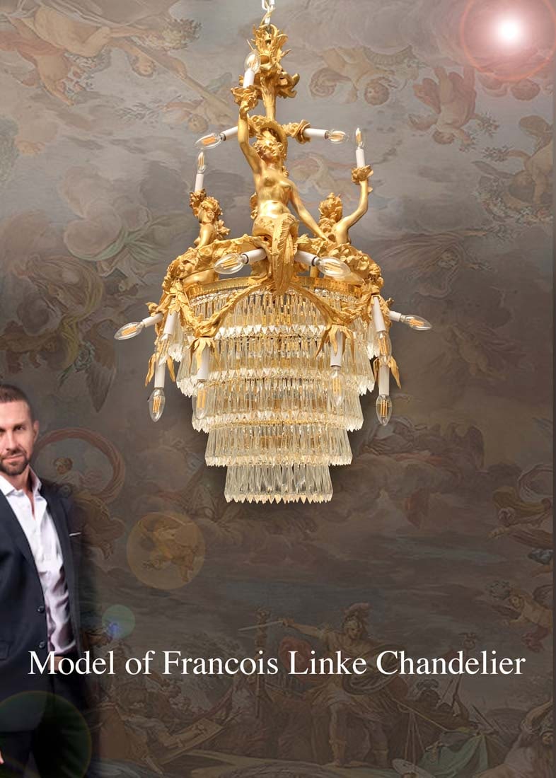 A Large French Francois Linke Style Crystal & Figural Bronze Chandelier: A Large Model of Francois Linke Figural Bronze Chandelier. H 48"
